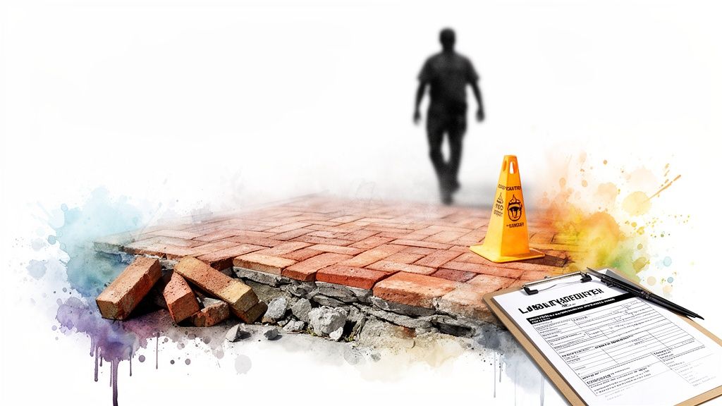 Broken brick pathway with a caution cone, scattered bricks, and a clipboard, suggesting construction work.