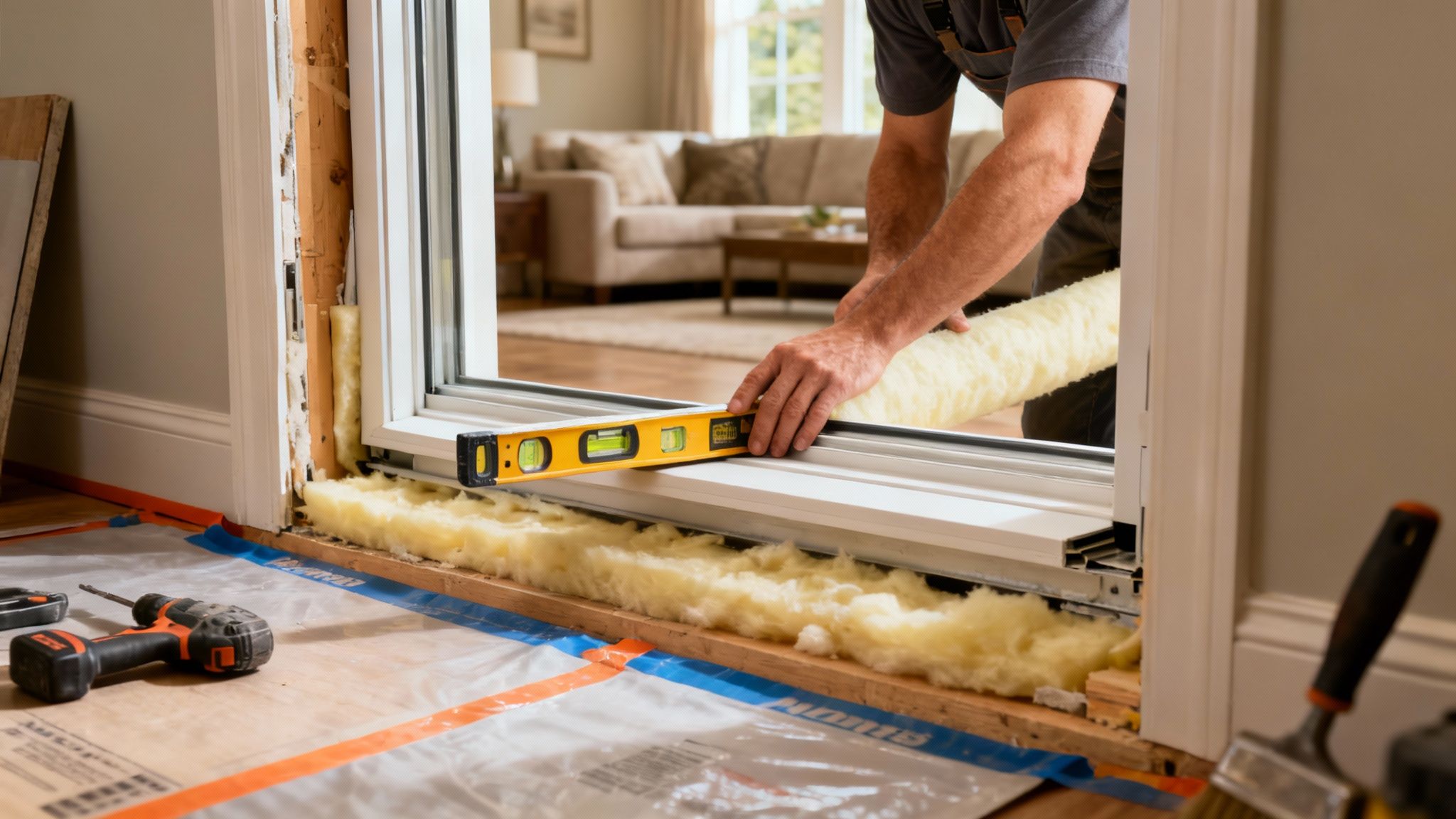 A person installs a new residential window, adding insulation and checking the level.