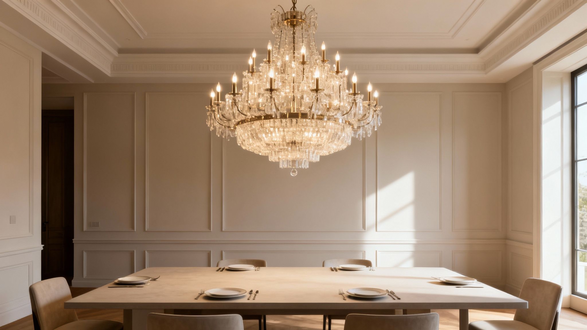 A luxurious dining room with a grand crystal chandelier, long table, and elegant wall molding.