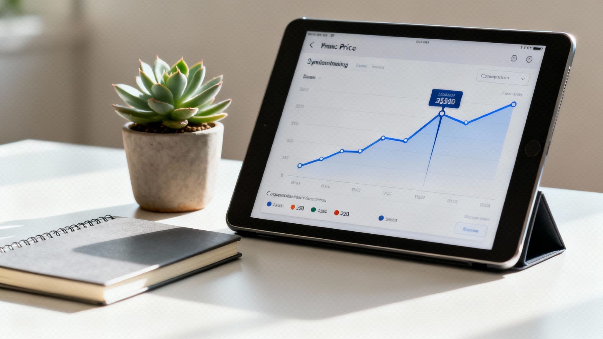 A tablet displaying a financial graph with a rising blue line, a potted succulent, and a notebook on a white desk.