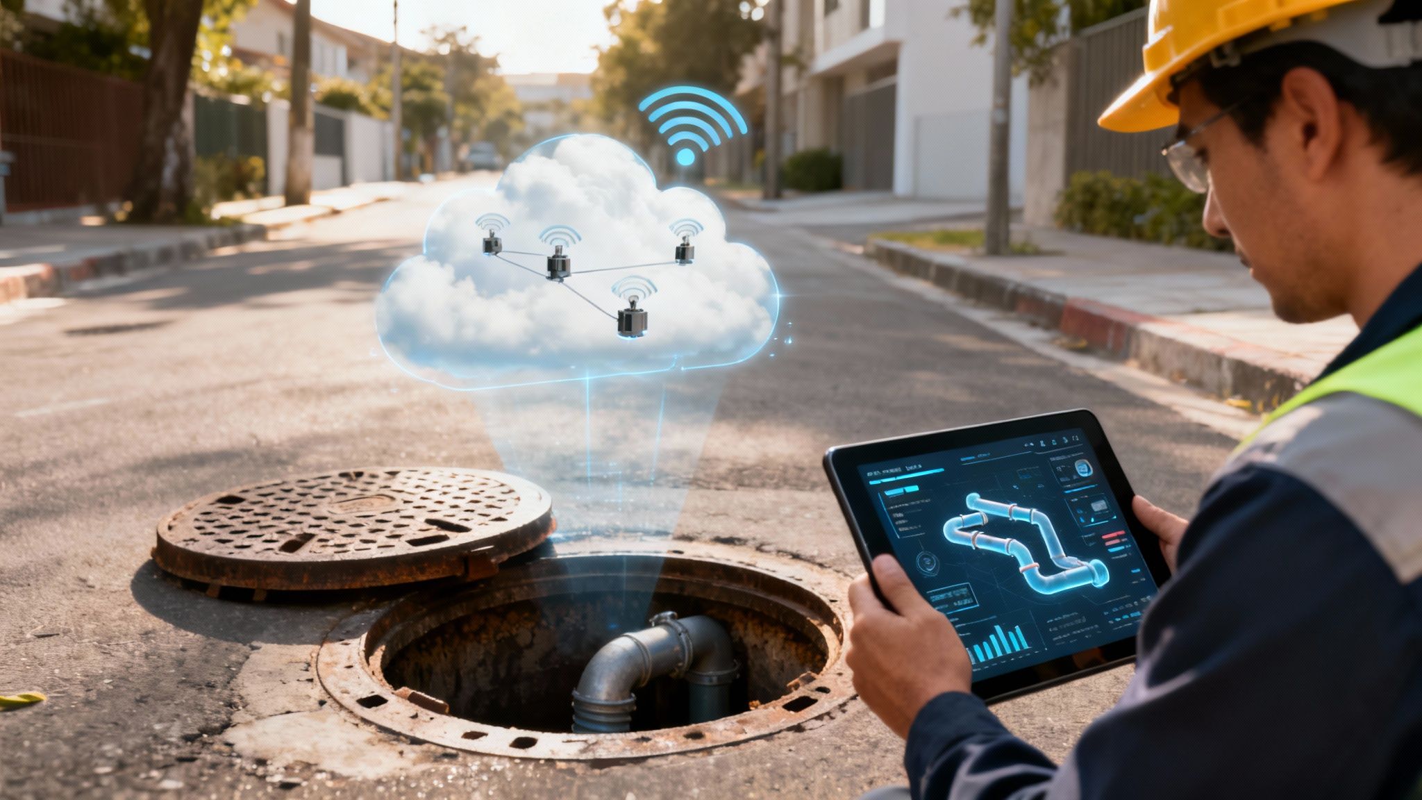 Mapping the Future: 5 Trends Transforming Sewer Line Services in 2026 2 Engineer uses a tablet to monitor underground pipes, connecting to a smart system in the cloud.
