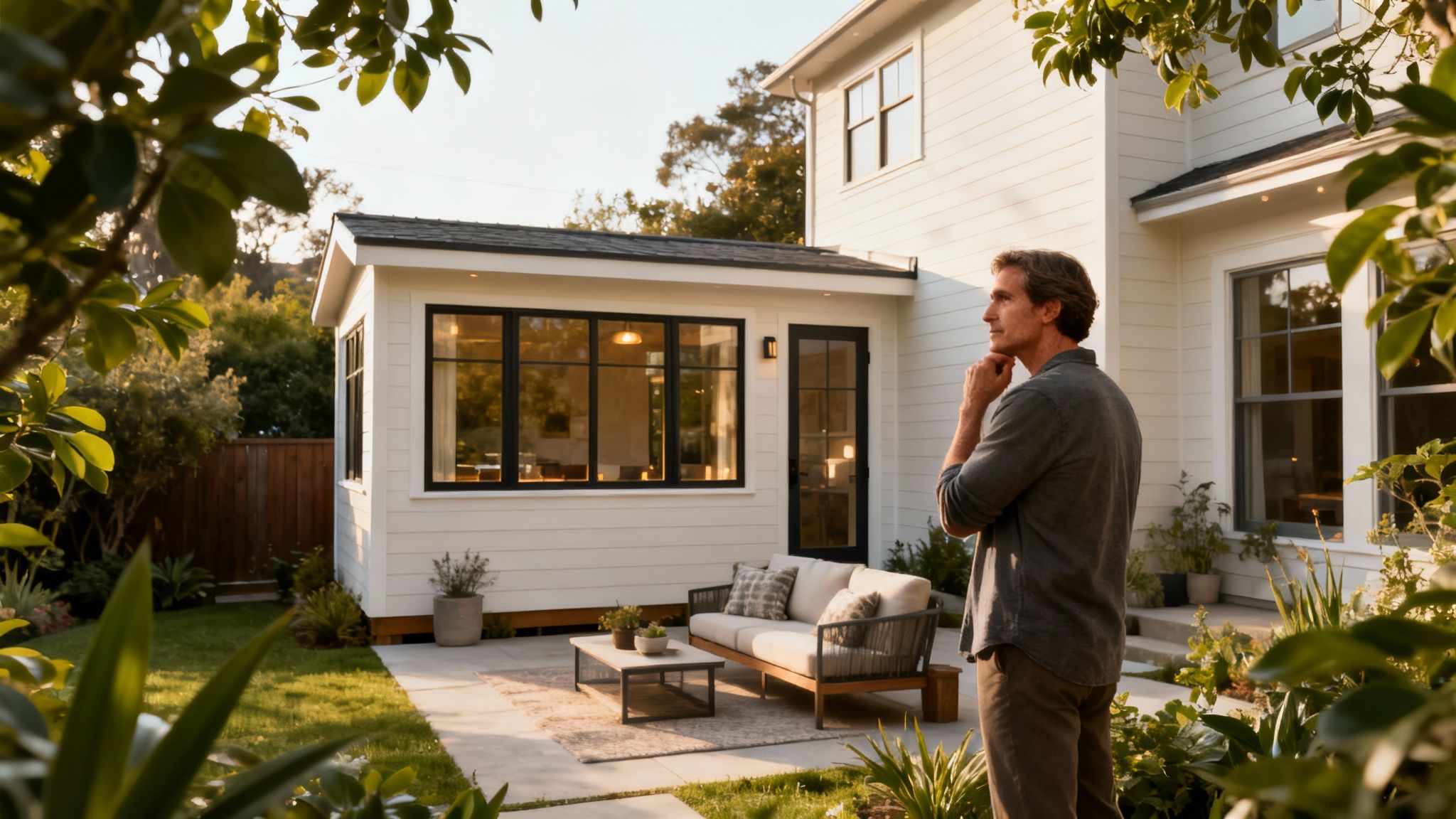 A modern, well-designed ADU in a backyard setting, showcasing its potential as a stylish living space.