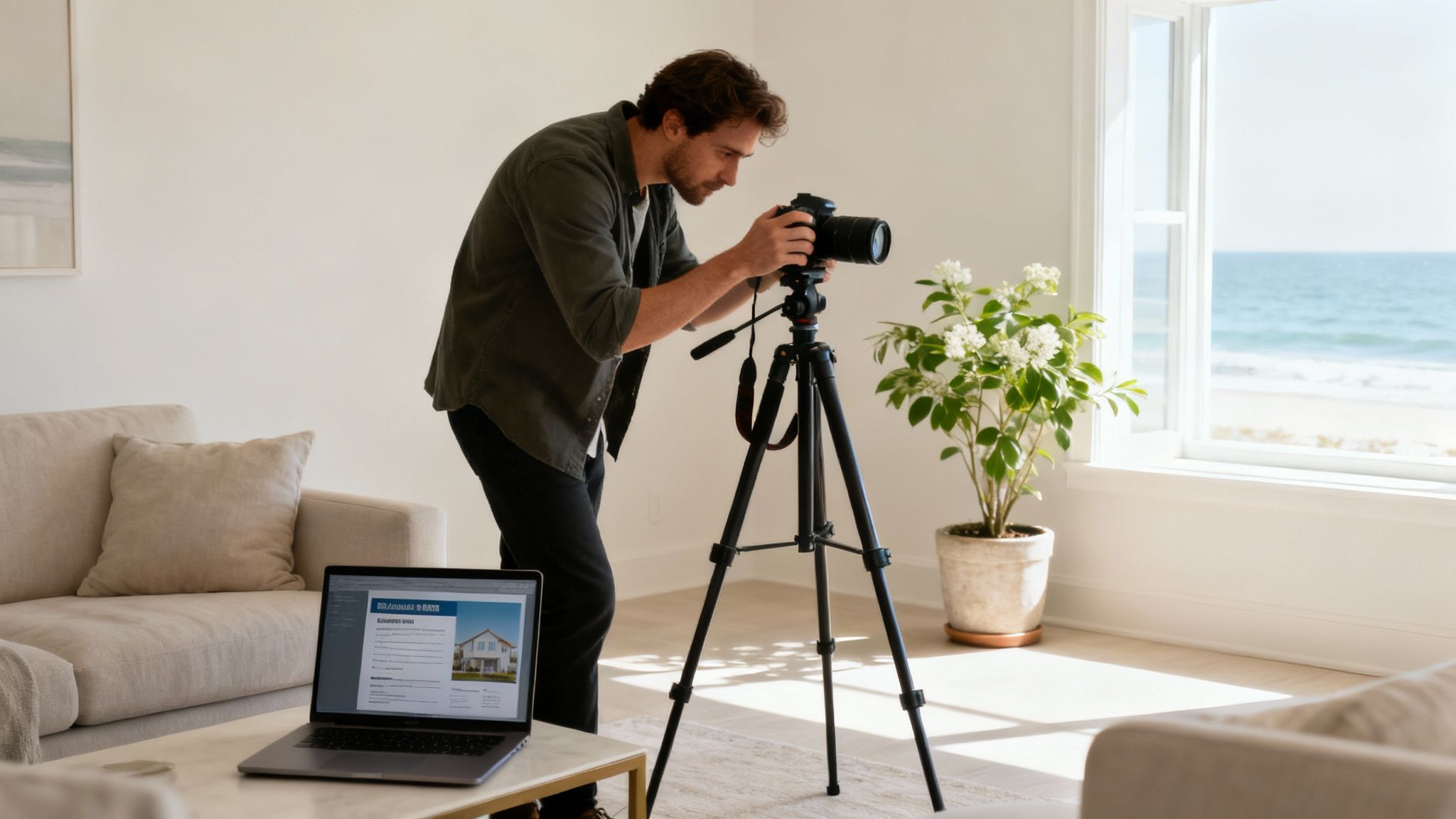 A modern, well-lit living room staged for a rental property showing, highlighting professional marketing preparation.