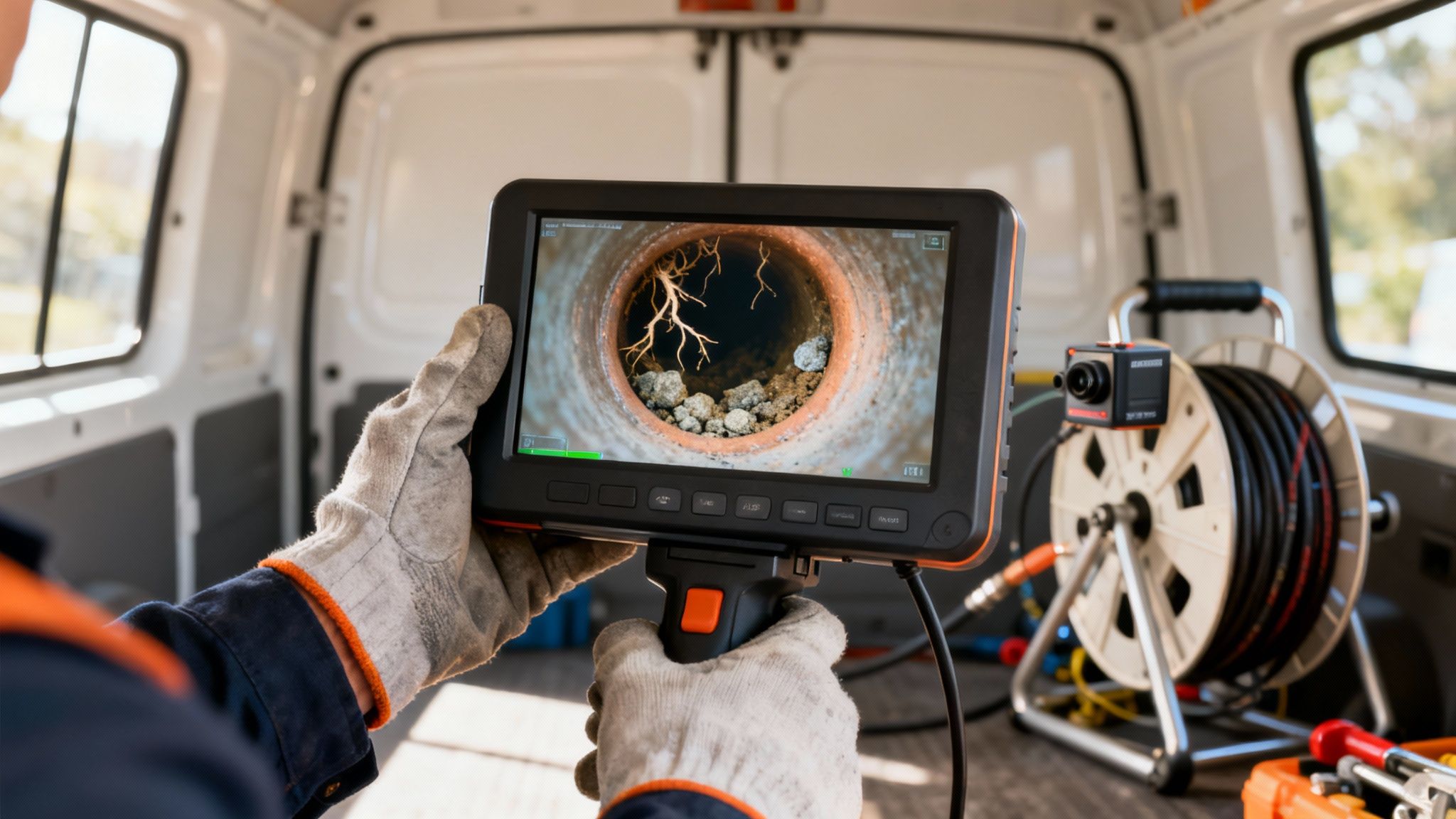 A plumber inspects a drain pipe for roots and debris using a video camera system inside a service van.