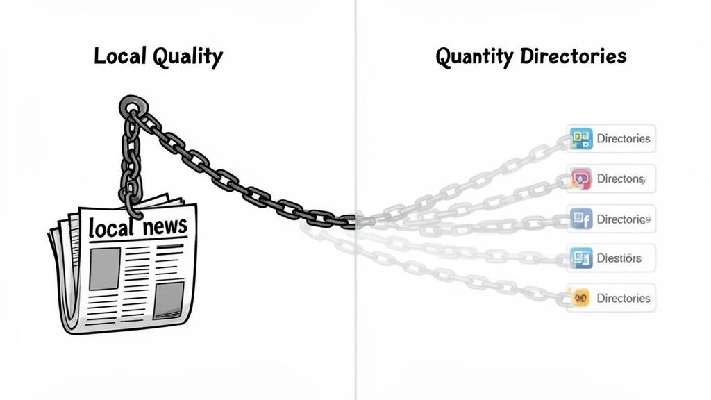 Illustration showing a chain linking 'local news' (Local Quality) to various online directories (Quantity Directories).