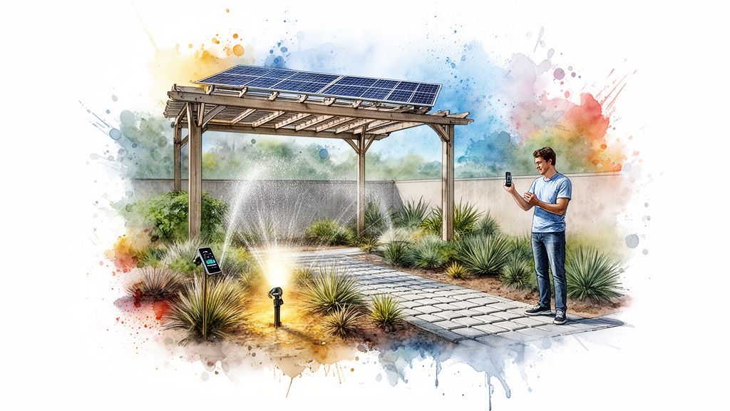 A man controls a smart irrigation system in a modern garden with a solar-paneled pergola.