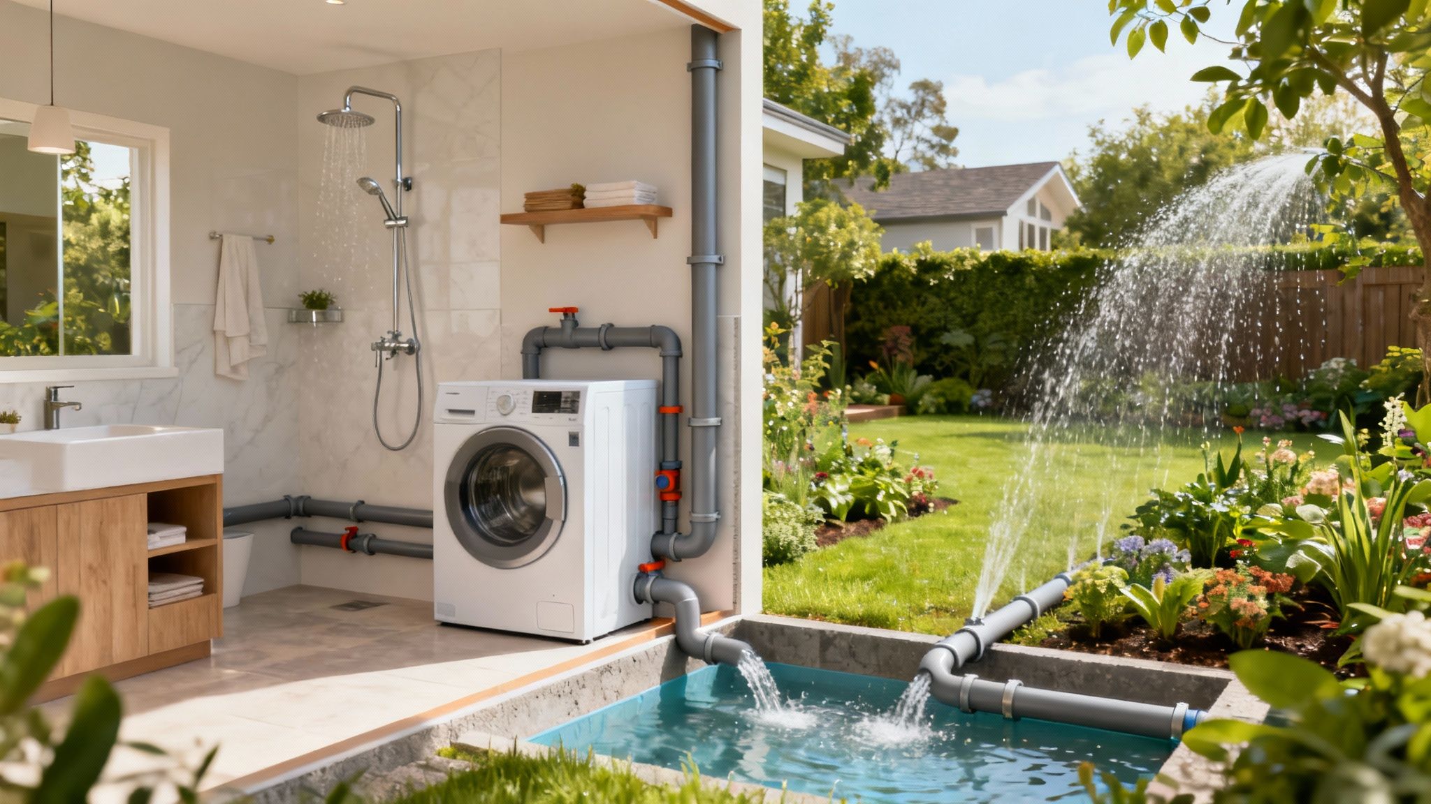 A diagram showing how a greywater recycling system collects water from a shower and laundry to be used for garden irrigation.