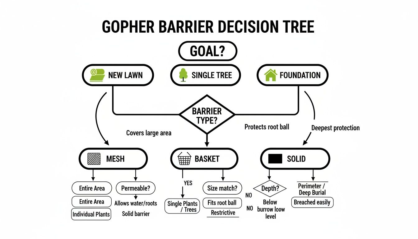 A flowchart illustrating gopher barrier decision-making based on goals like new lawn, single tree, or foundation protection.