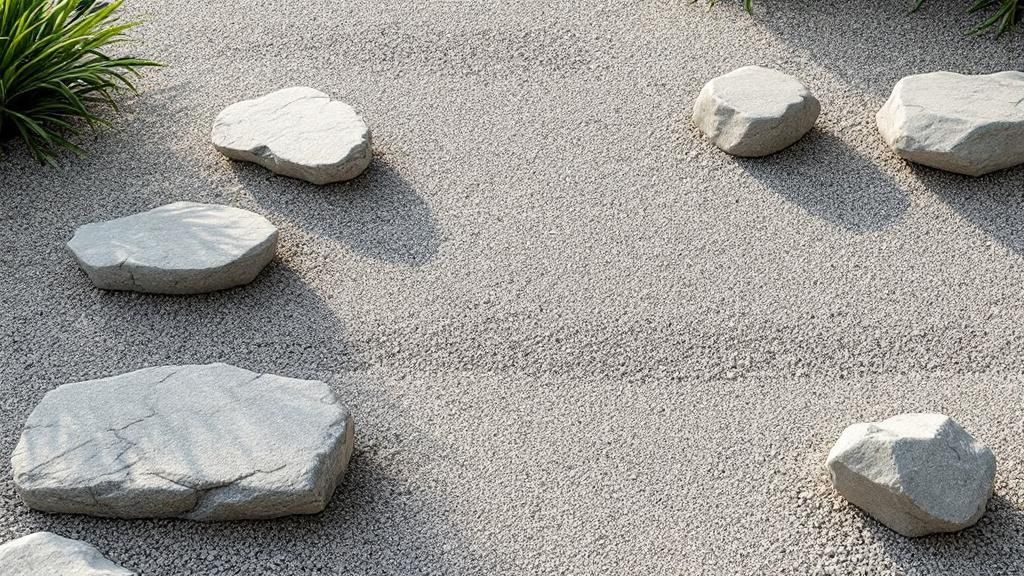 A modern backyard featuring a gravel garden with large stone slabs and ornamental grasses.