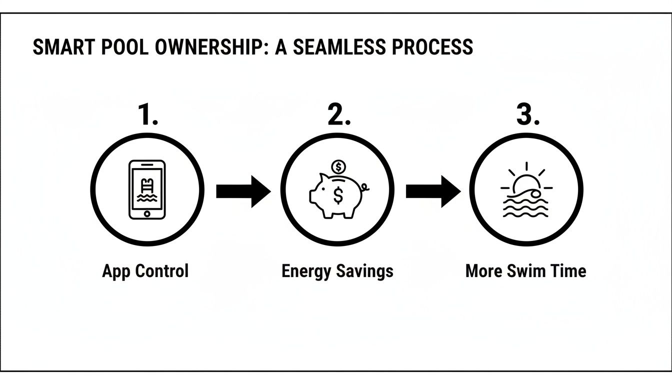 A diagram illustrating the seamless process of smart pool ownership: app control, energy savings, and more swim time.