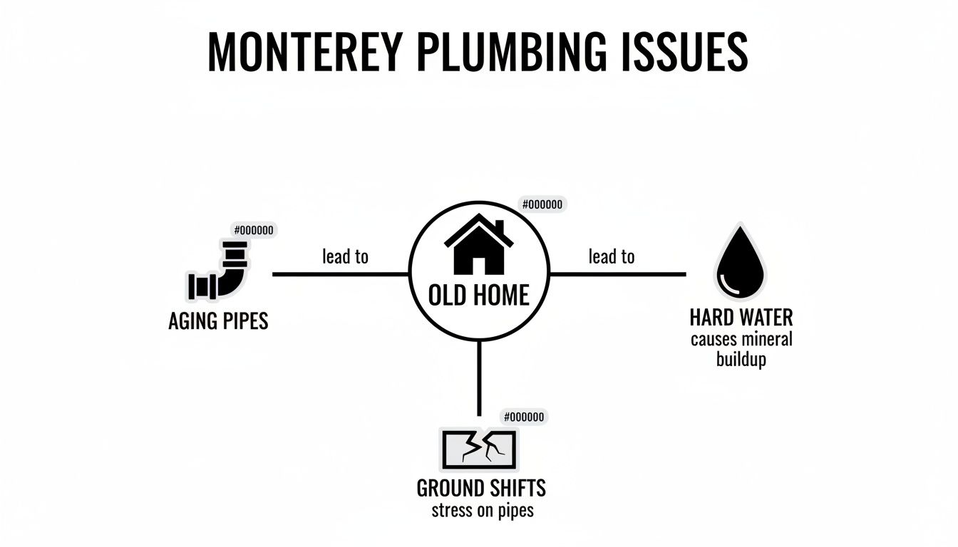 A diagram illustrating plumbing problems in old Monterey homes due to aging pipes, hard water, and ground shifts.