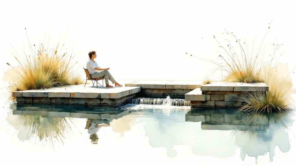A person sits beside a stone waterfall with grassy plants, reflecting in tranquil water.