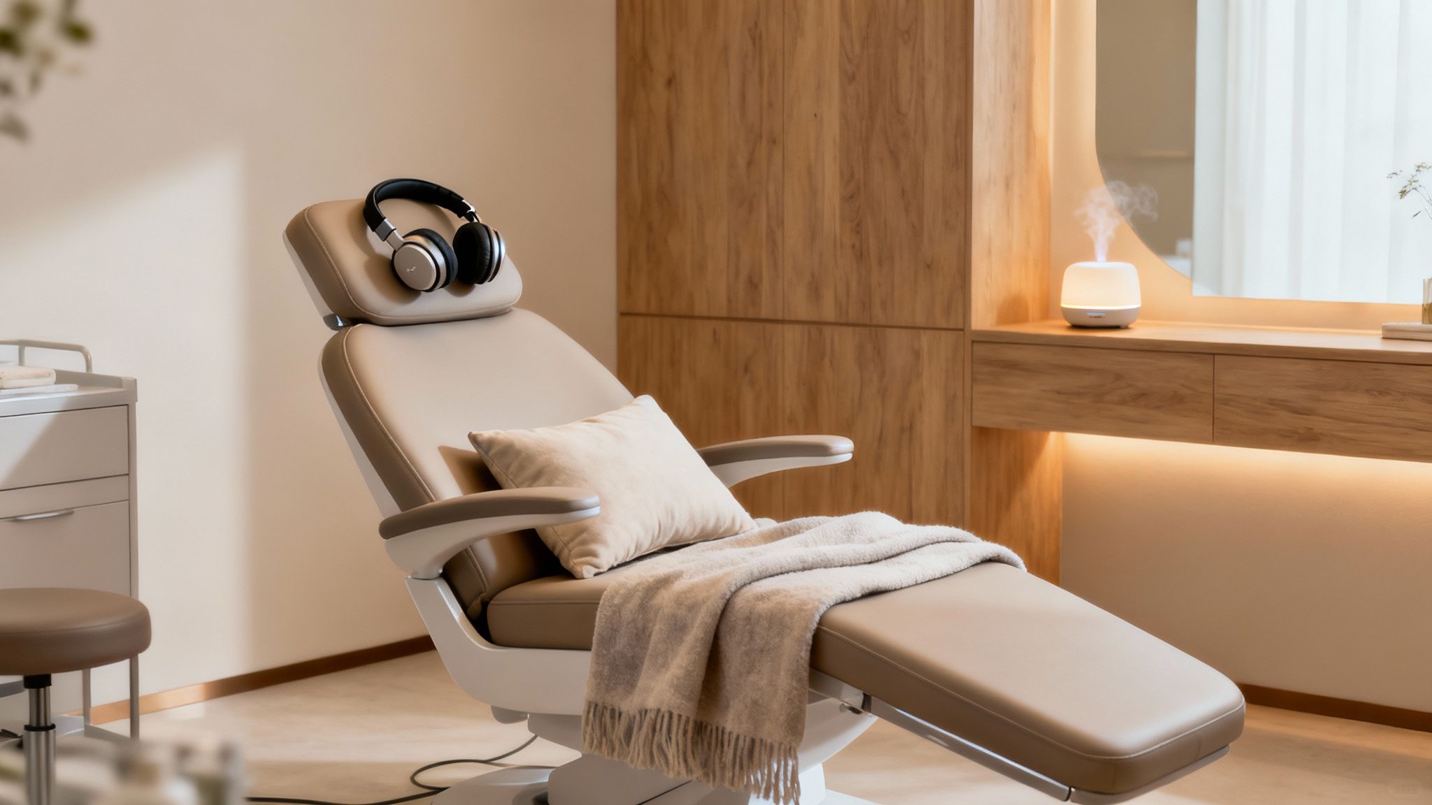 A comfortable dental office designed to ease patient anxiety with a modern, spa-like feel.