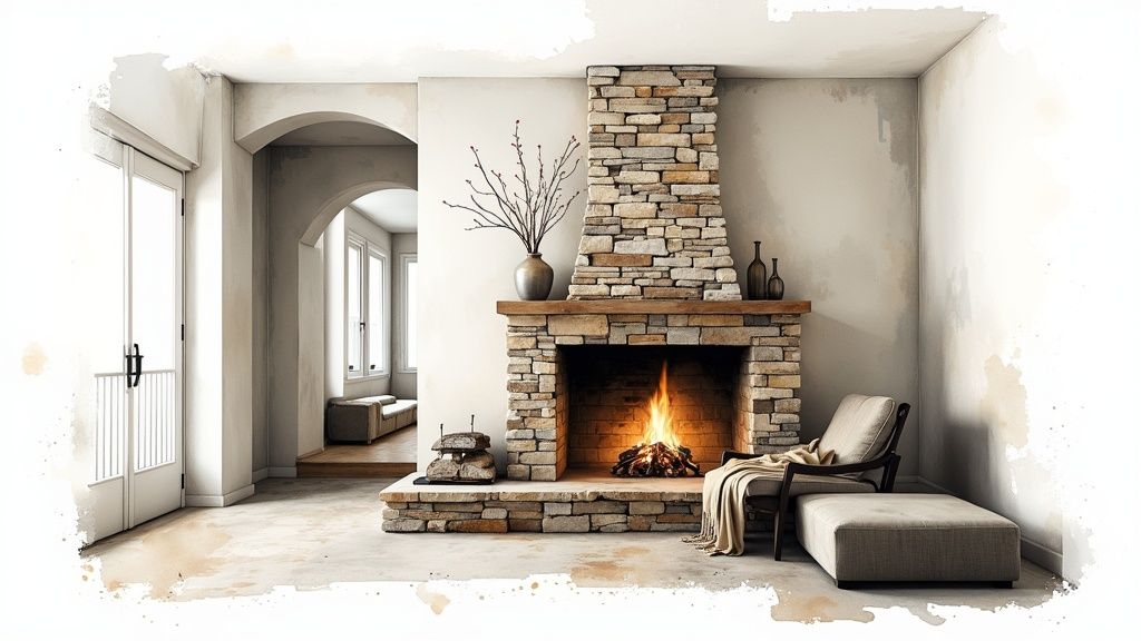 A cozy living room with a modern natural stone fireplace and accent wall