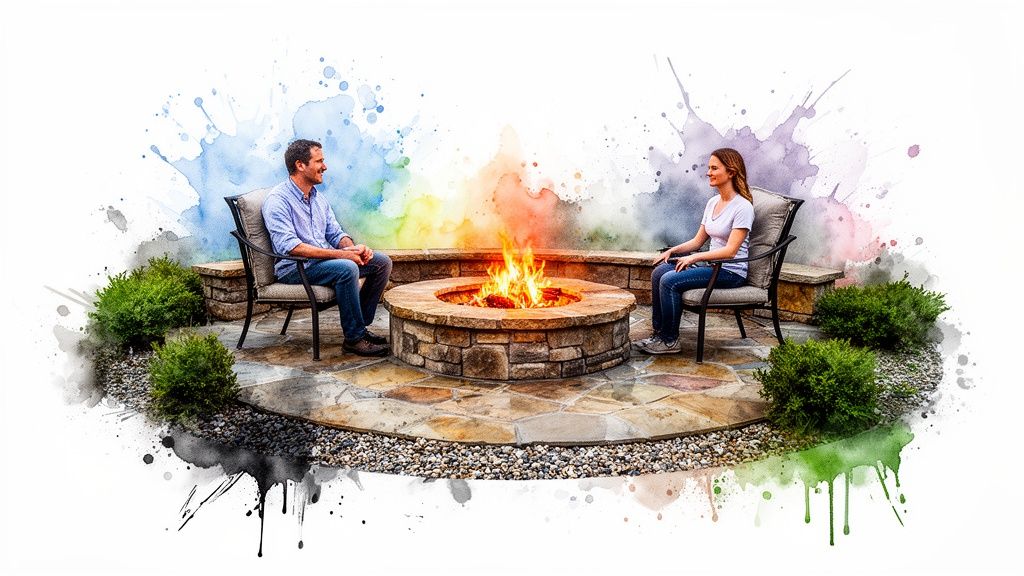 A couple enjoys a cozy outdoor fire pit on a stone patio with watercolor effects.