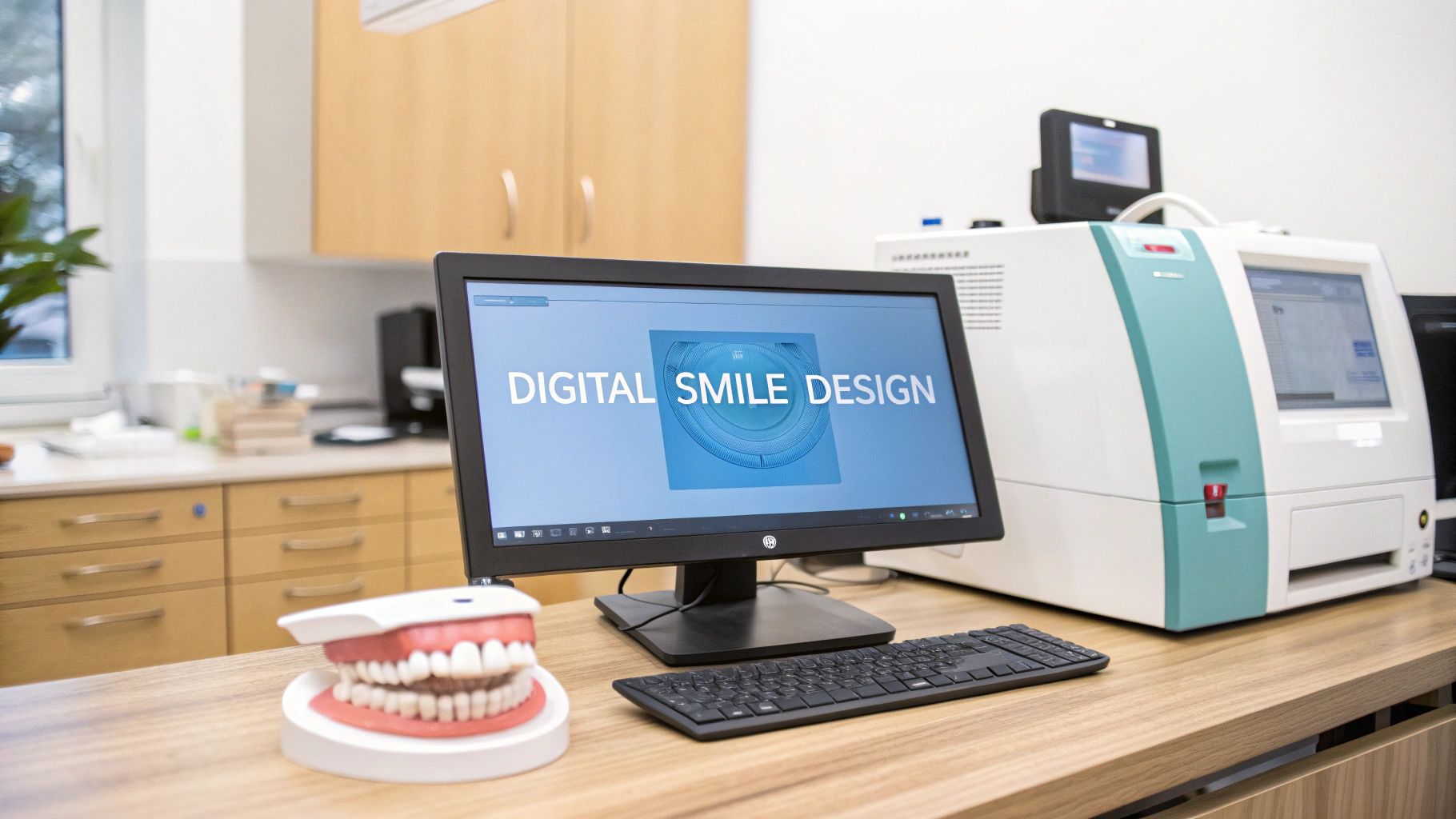 A modern dental office with a computer displaying 'Digital Smile Design' software and a tooth model.