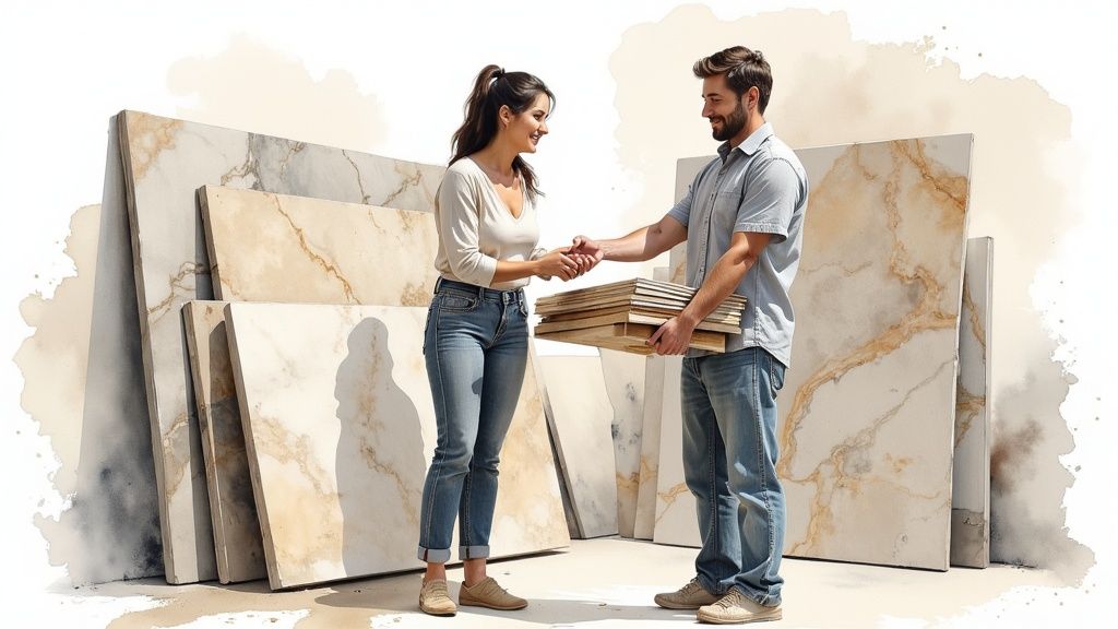 Two people shaking hands, one holding tile samples, in front of large marble slabs.
