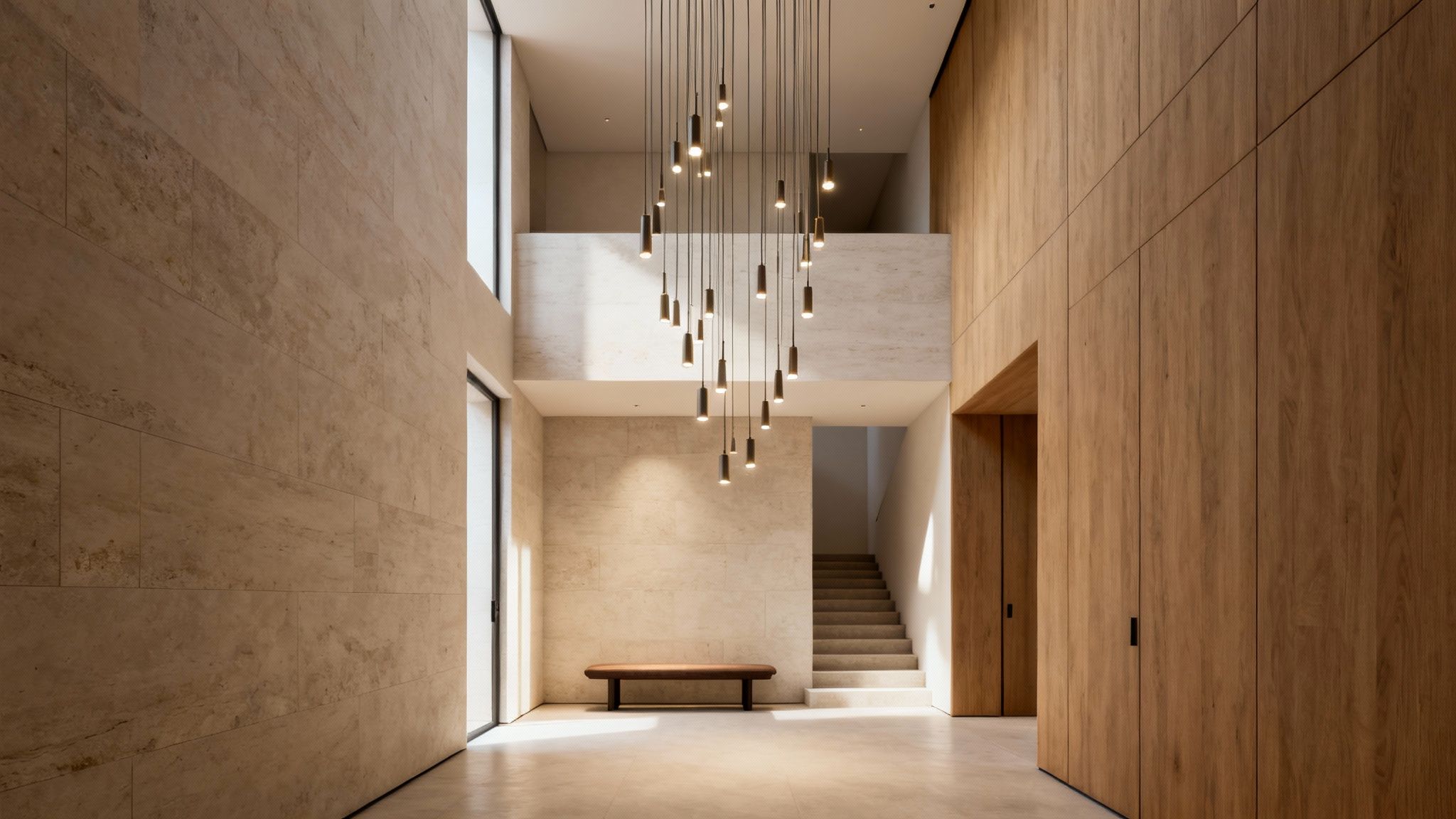 A luxurious modern foyer with high ceilings, featuring a striking chandelier, stone walls, and wood panels.