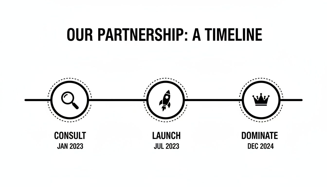 A partnership timeline showing Consult (Jan 2023), Launch (Jul 2023), and Dominate (Dec 2024).