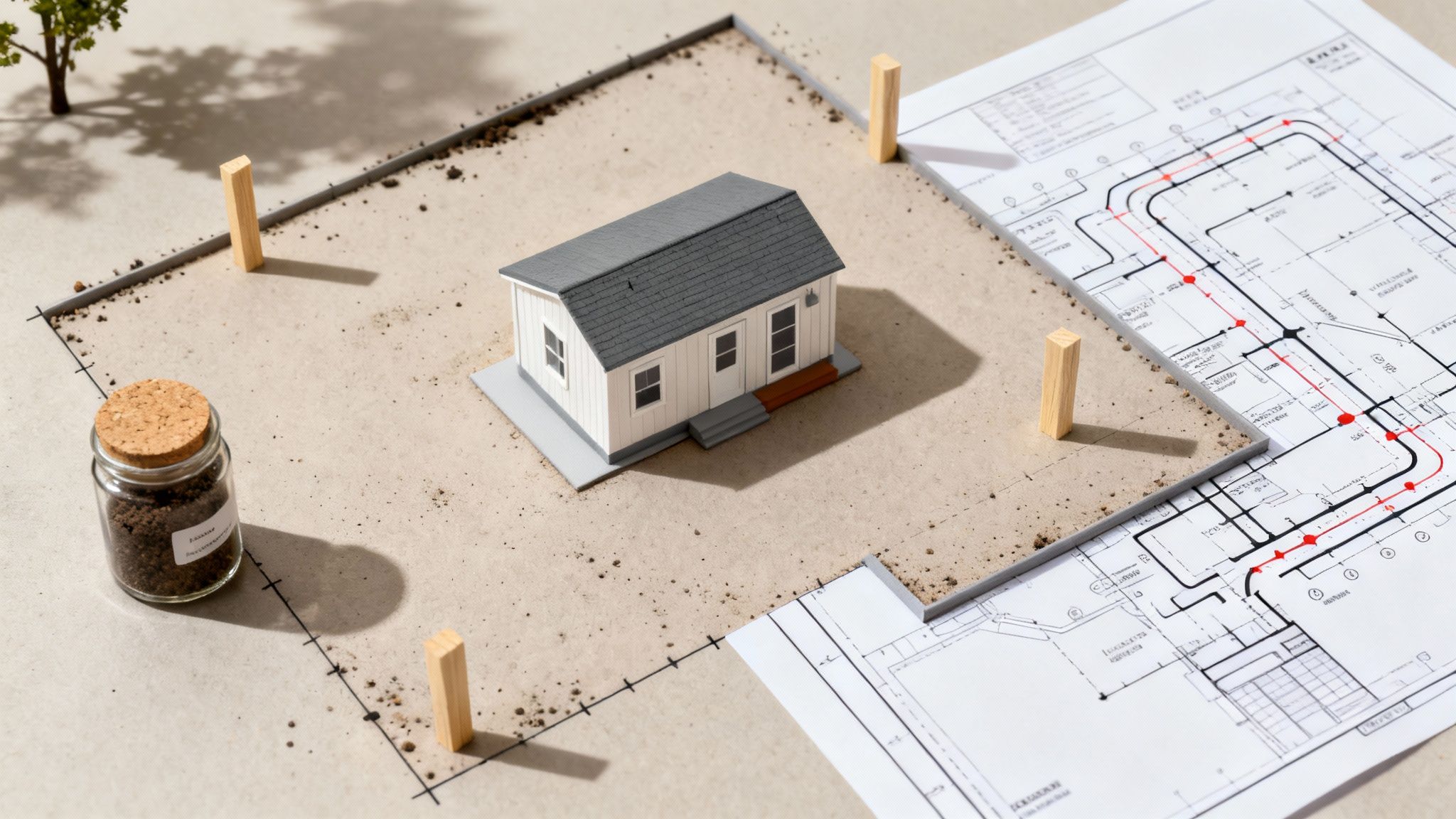 A miniature model house sits on a sandy plot with boundary markers and and architectural blueprint.