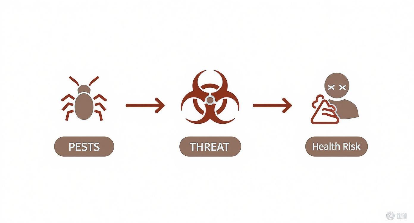 Diagram illustrating pests leading to a biohazard threat, which results in a health risk for humans.