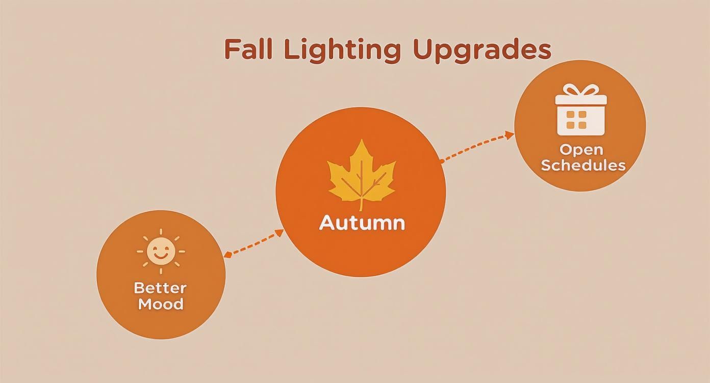 Diagram illustrating fall lighting upgrades, showing better mood and open schedules in autumn.