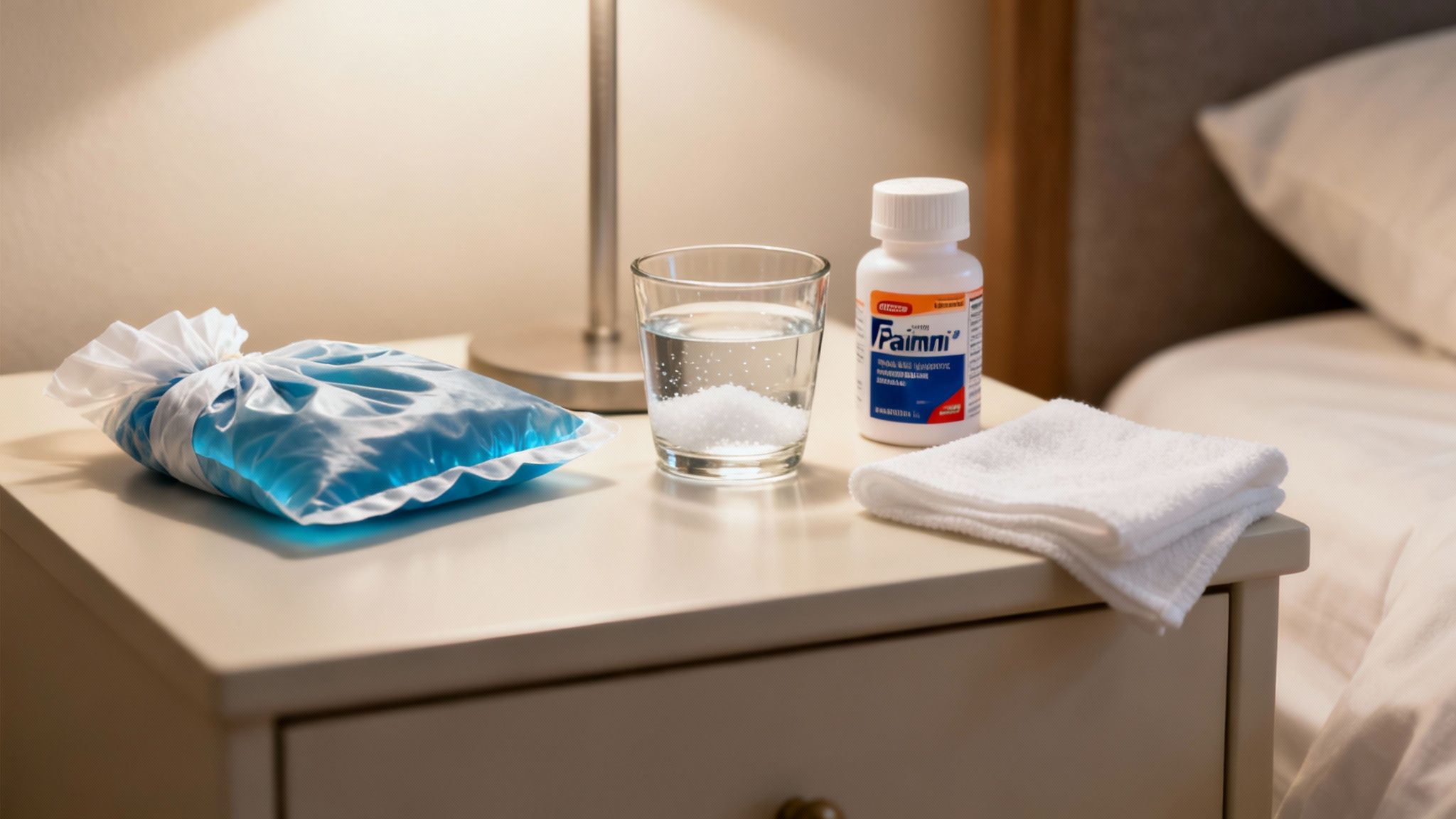 A bedside nightstand with an ice pack, a glass of water, medicine bottle, and a white towel.