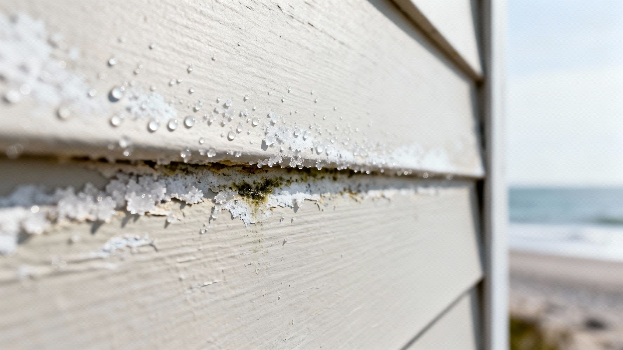 Close-up of salt buildup, peeling paint, and mold on exterior siding of a coastal home.