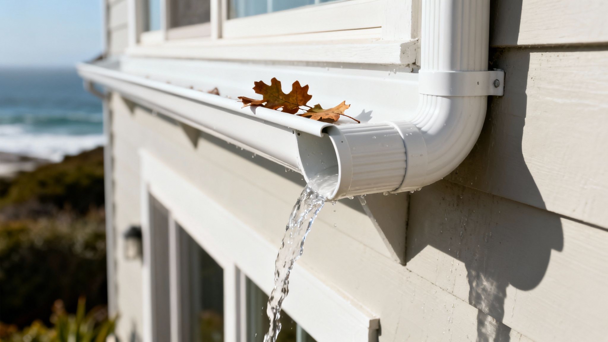 A white rain gutter and downspout with autumn leaves, actively draining water from a house overlooking the ocean.