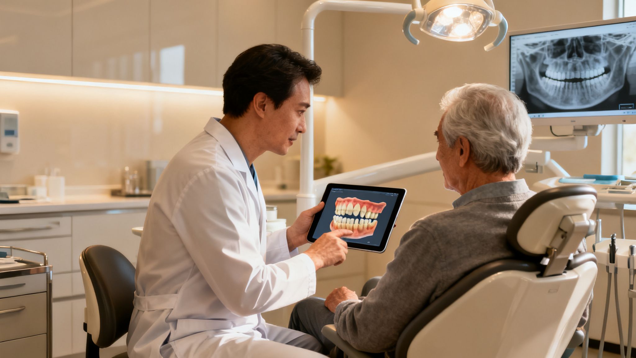 Dentist explains 3D dental model on a tablet to an elderly patient in a modern clinic.