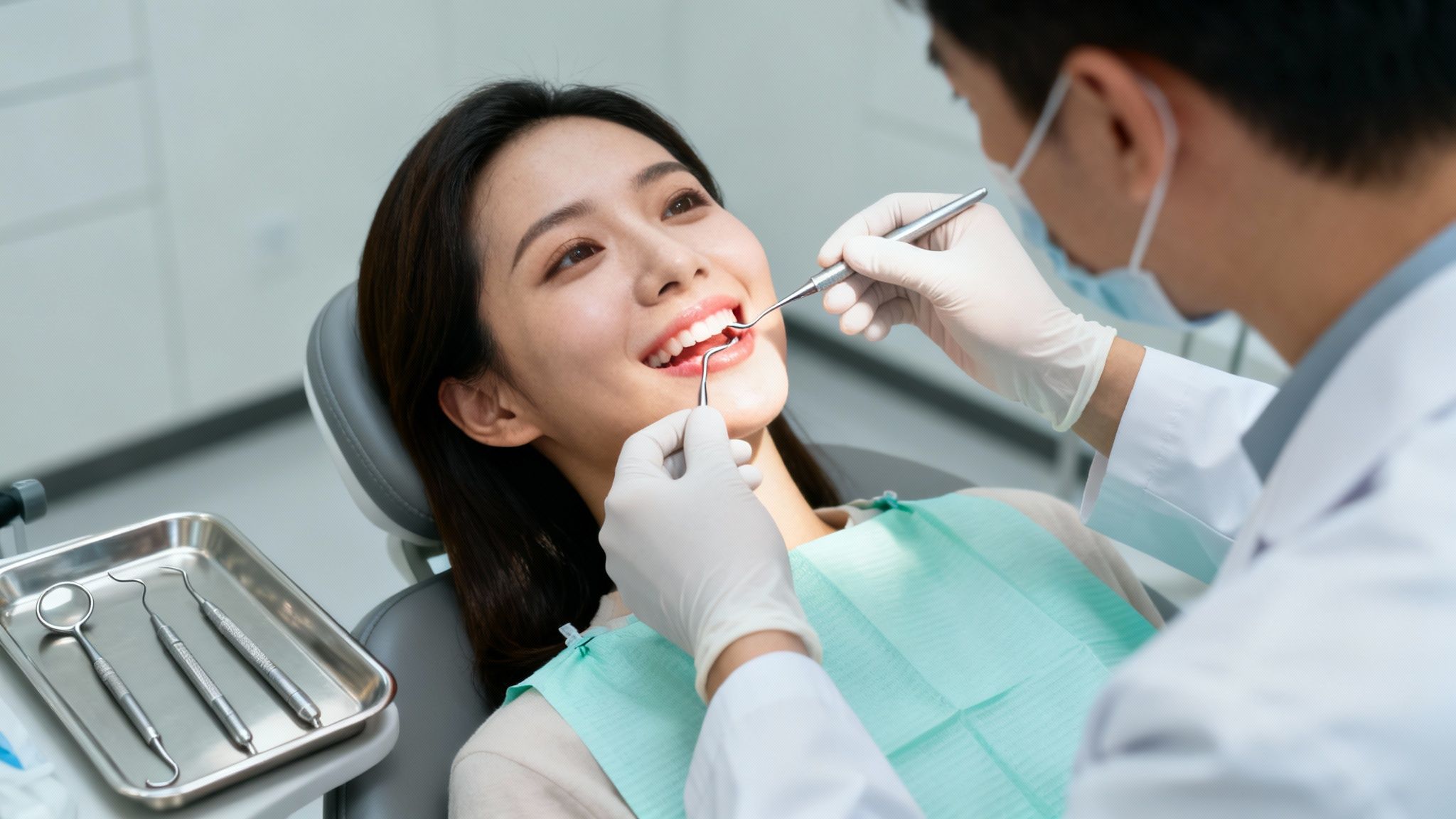 A young Asian woman smiling in a dental chair while a dentist examines her teeth.