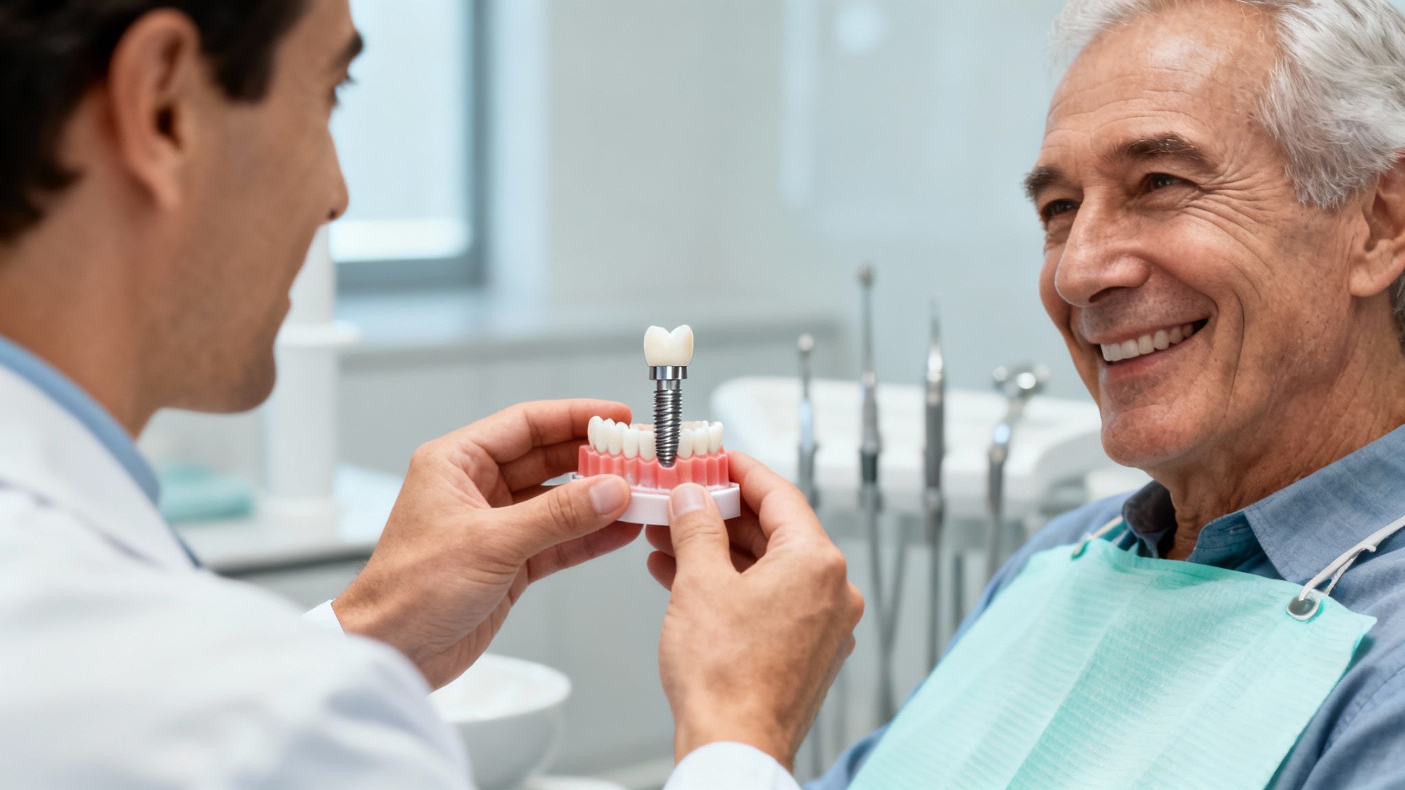 Dentist showing a dental implant model to a smiling senior male patient in a clinic.