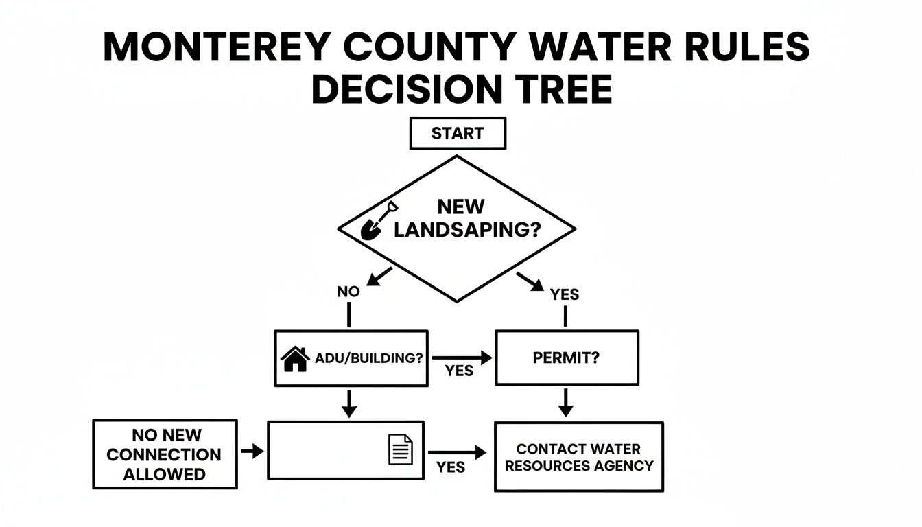 Decision tree flowchart illustrating Monterey County Water Rules for new landscaping or ADU/building projects.