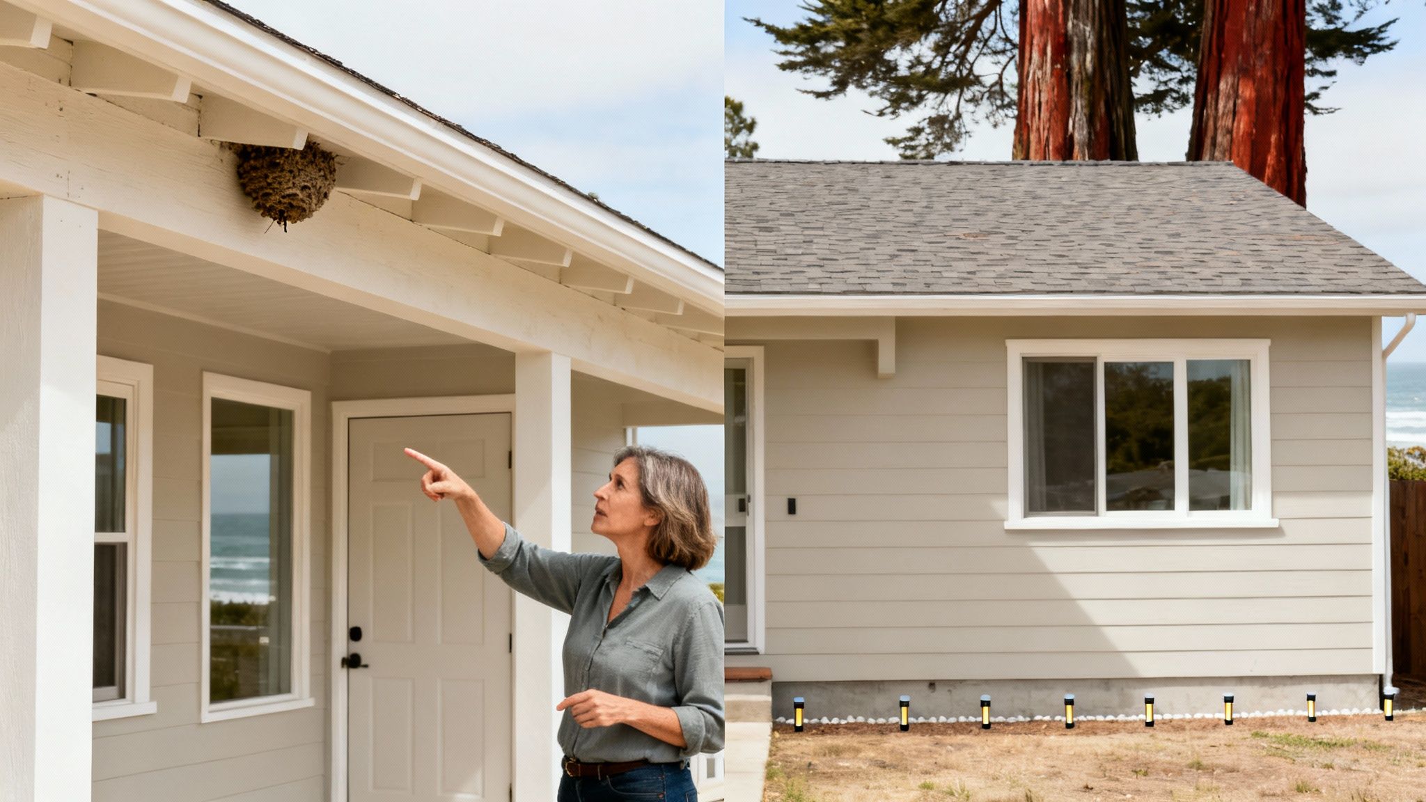 A woman points at a large wasp nest under a house