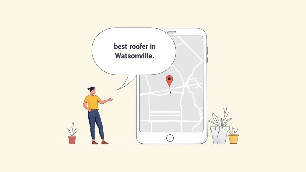 Illustration of a man pointing at a map on a smartphone, displaying 'best roofer in Watsonville' in a speech bubble.