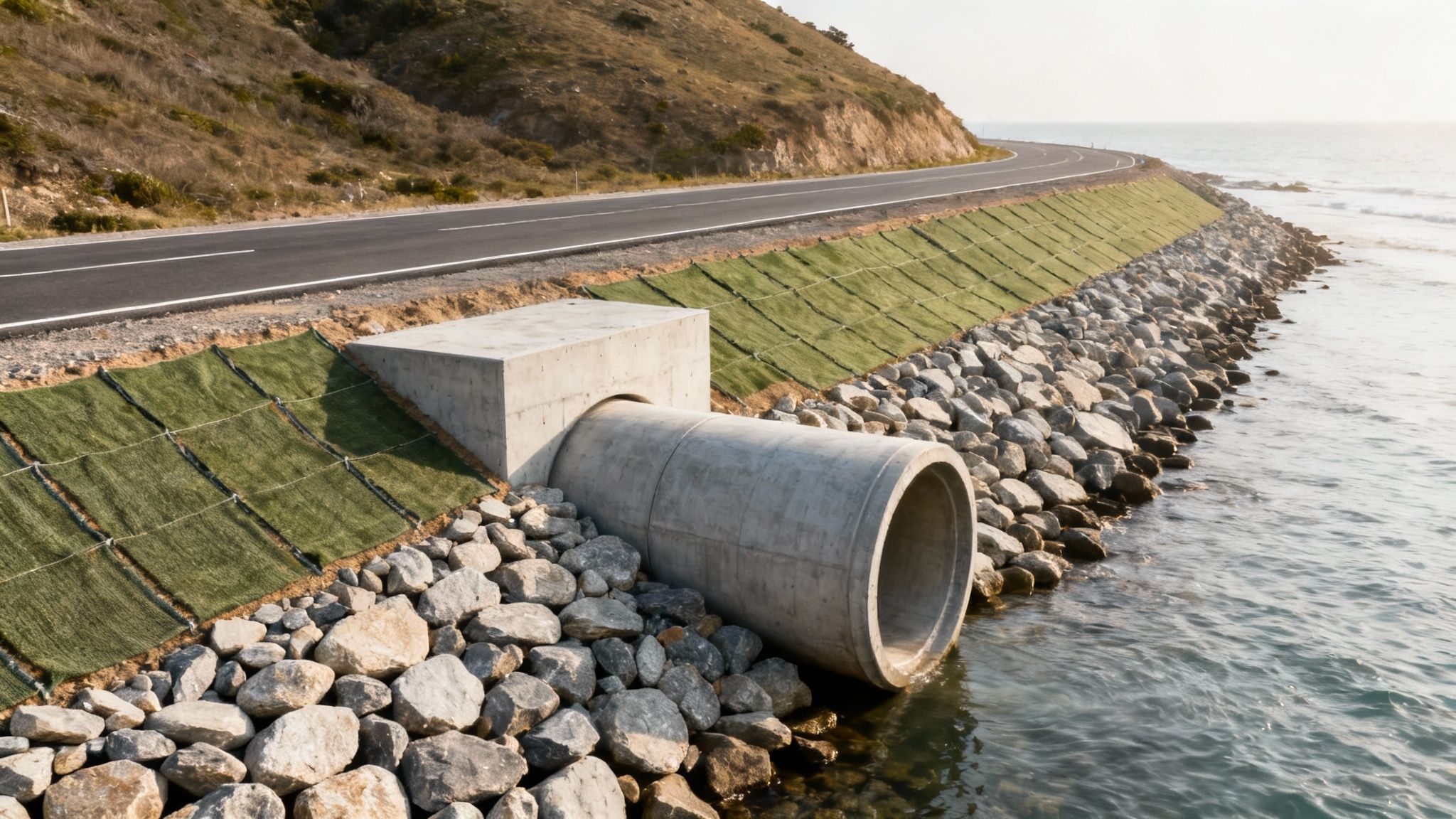 Workers installing large-diameter storm drain pipes in an excavated trench.