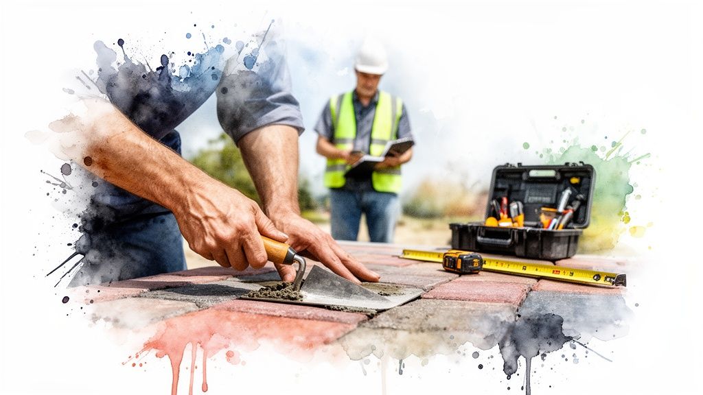 Close-up of a worker laying patio pavers with a trowel, another worker supervises in the background.