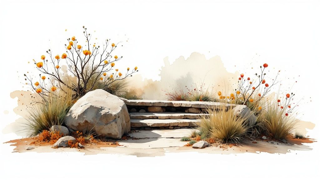 Watercolor illustration of natural stone landscaping with ornamental grasses and wildflowers in coastal garden design