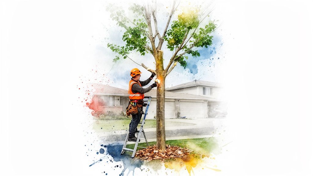 A man in safety gear trims a tree with a chainsaw on a ladder, in a watercolor-style neighborhood.