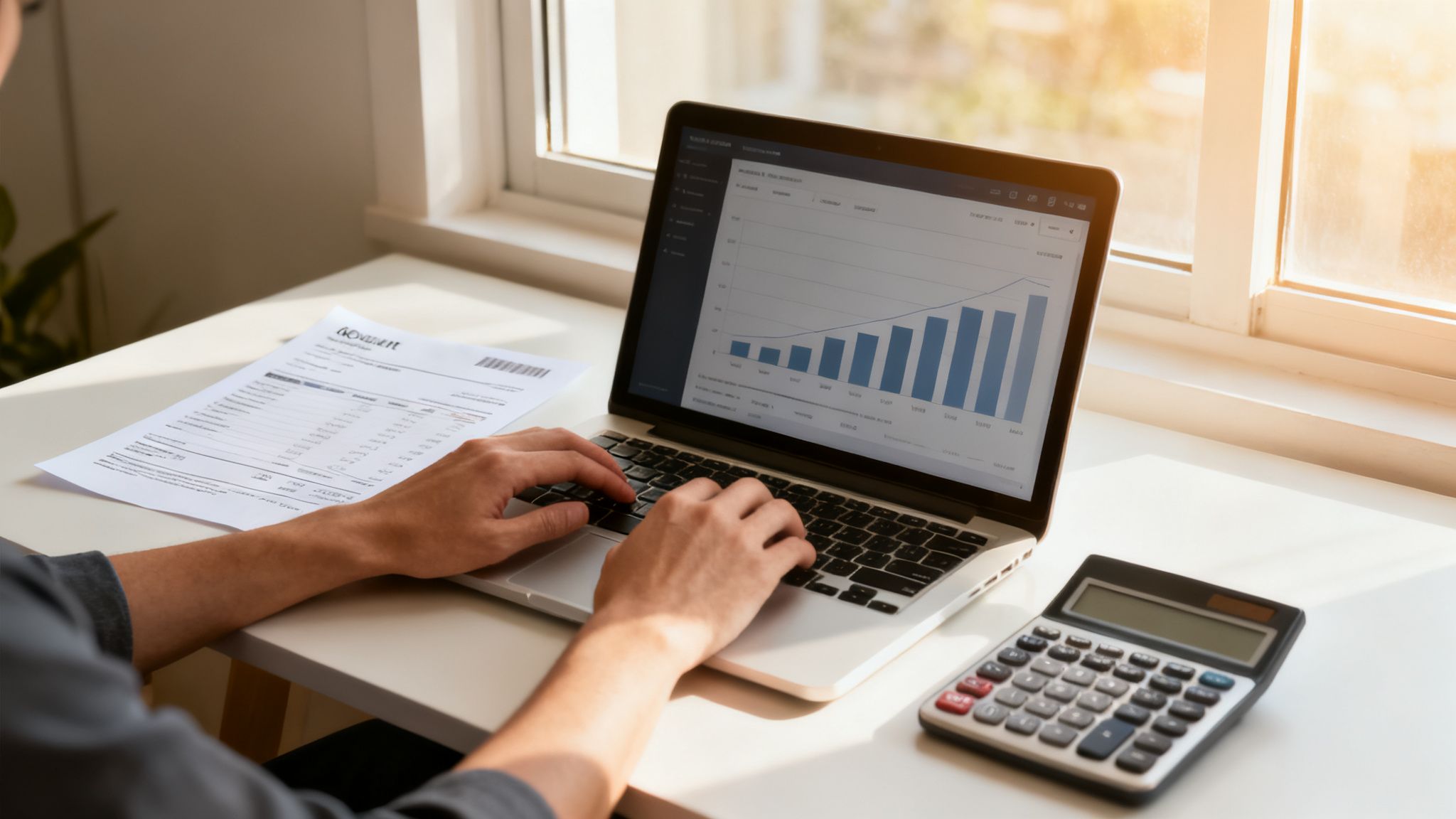 A person analyzing financial data on a laptop and paper documents with a calculator on a white desk.