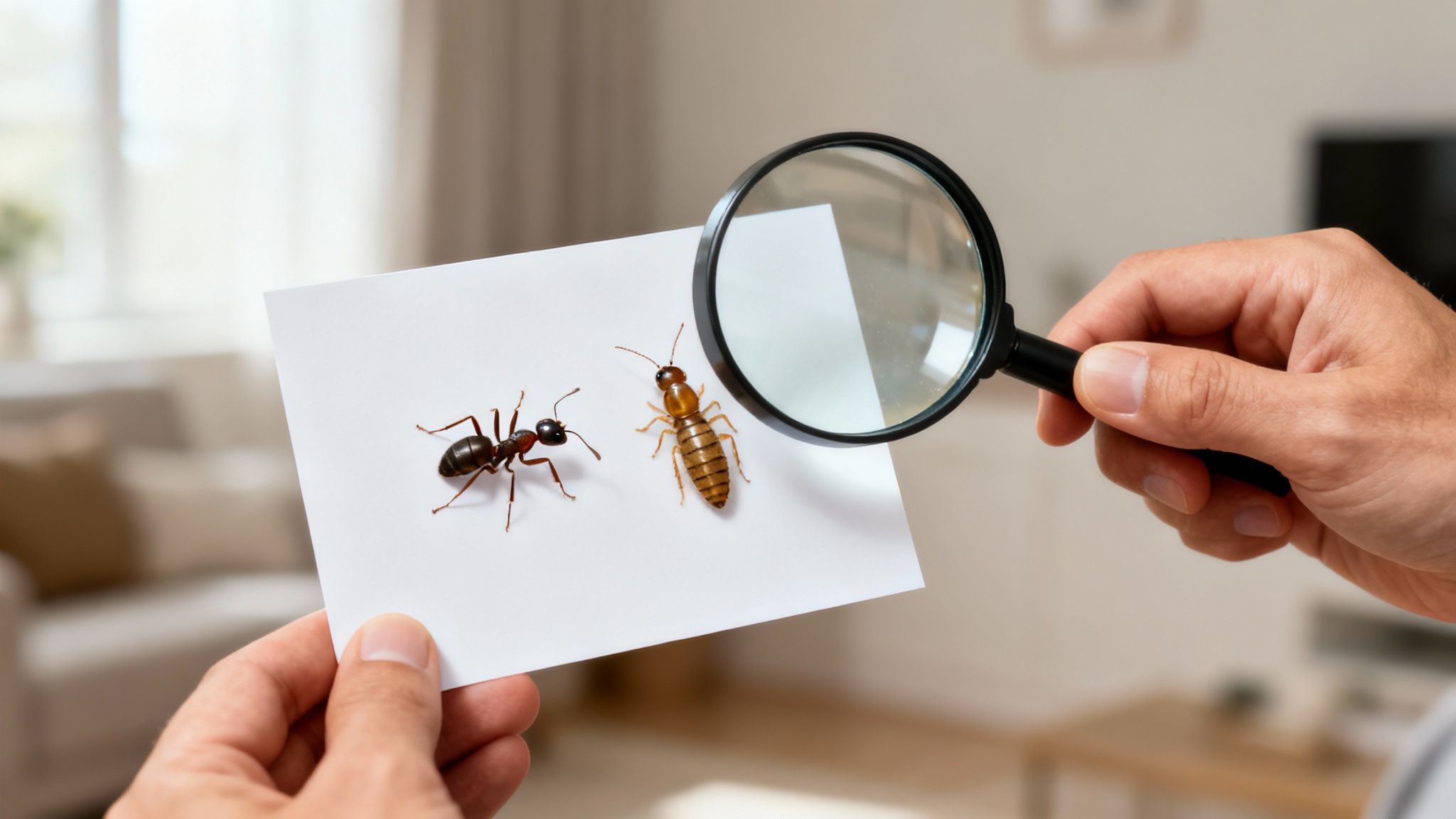 Hands hold a white card with an ant and a termite, inspecting them with a magnifying glass.