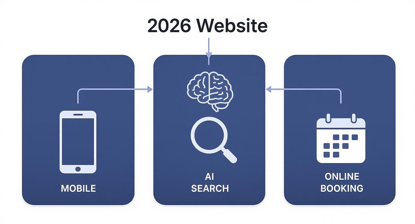 Flowchart illustrating the 2026 website's AI search as a central hub for mobile and online booking.