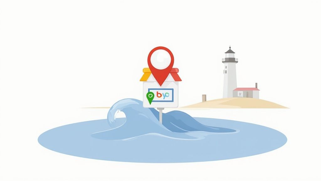 Illustration of a lighthouse and a local business sign with map pins rising from coastal bay waters.