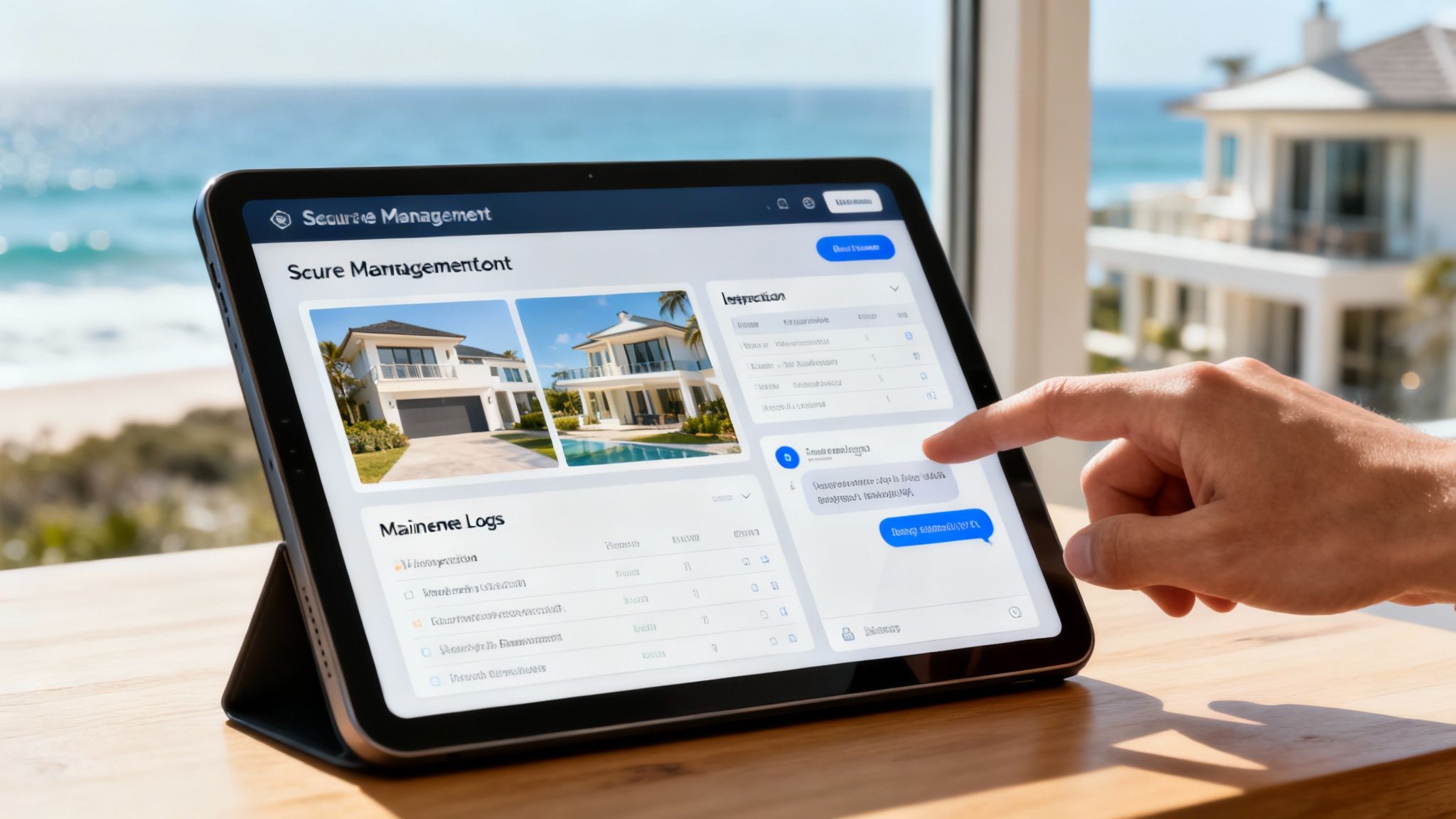 A person using a tablet to view property management software dashboard