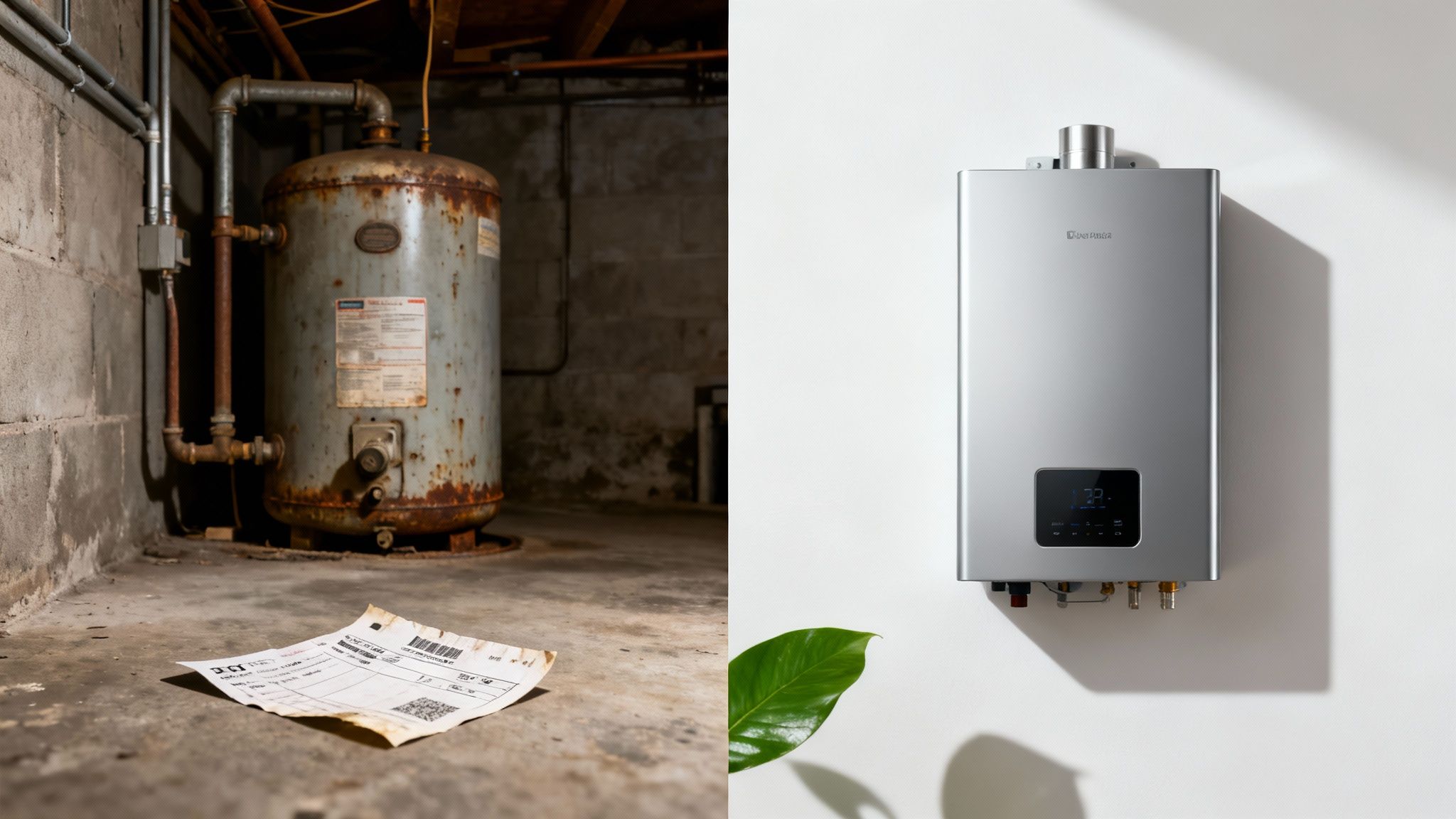 Old, rusty tank water heater in a dark basement contrasted with a modern, sleek tankless unit.