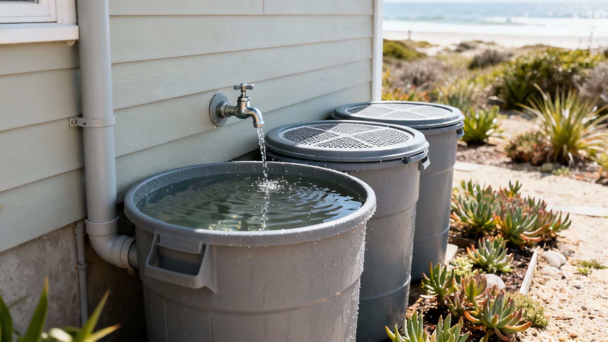 Rain barrels collecting water from a faucet next to a house by the ocean with drought-tolerant plants.