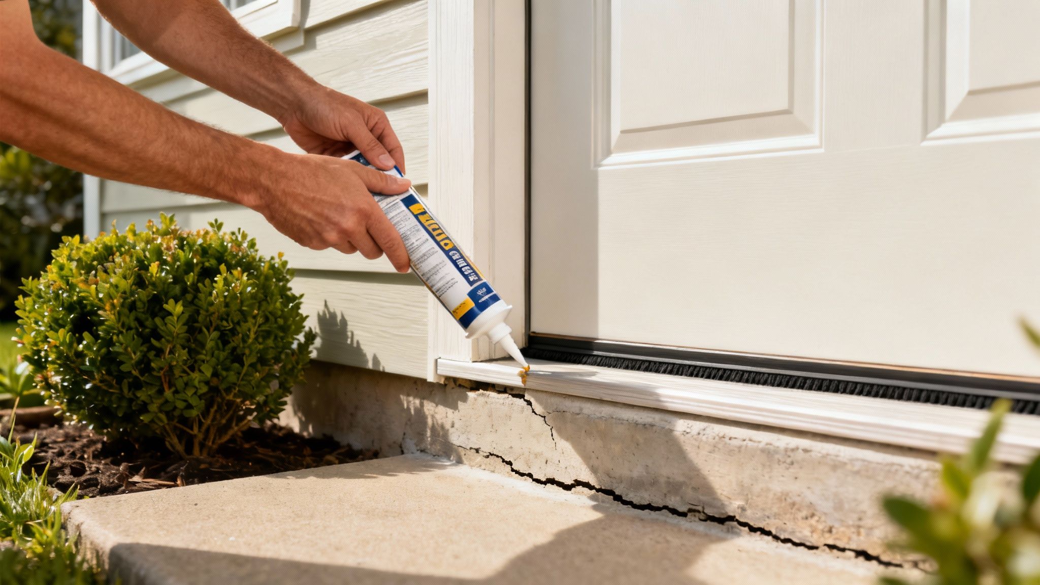 A person sealing a crack in a home's foundation.