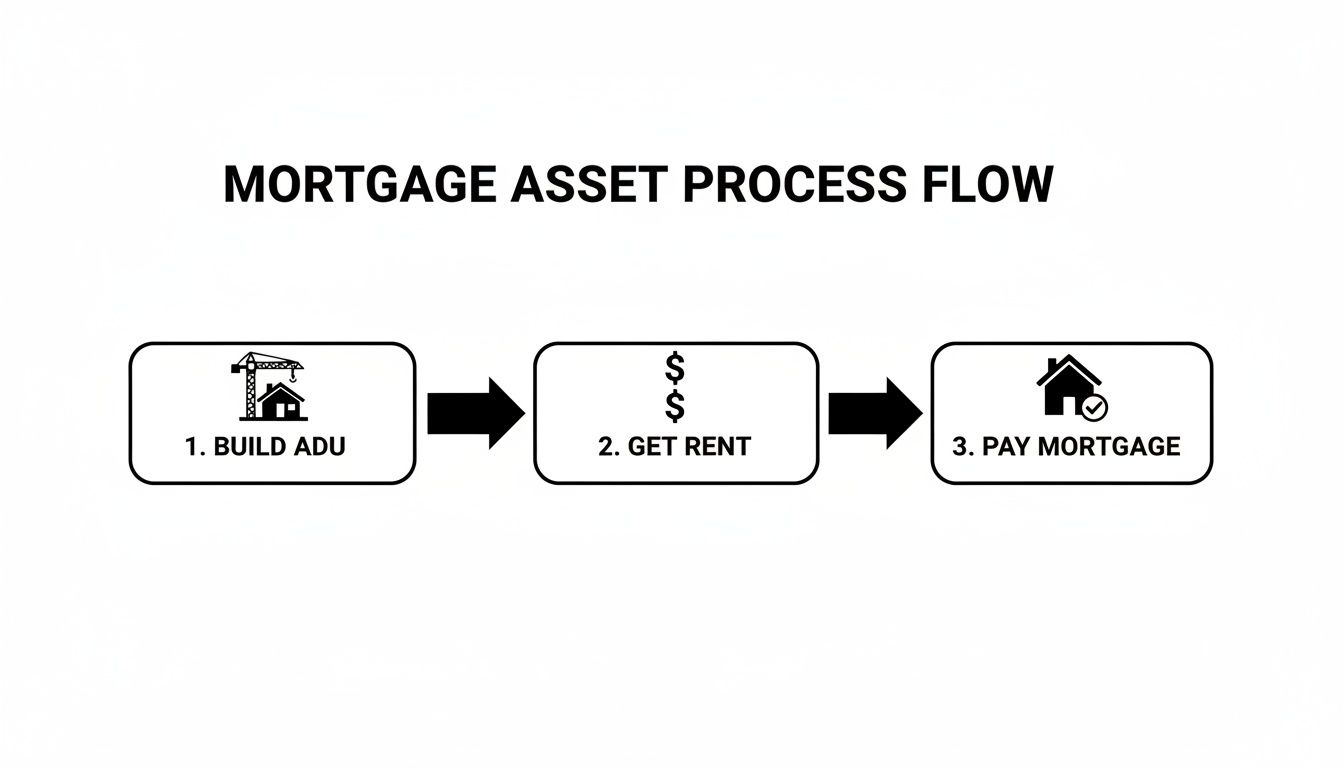 Flowchart illustrating the mortgage asset process: building an ADU, getting rent, and paying the mortgage.