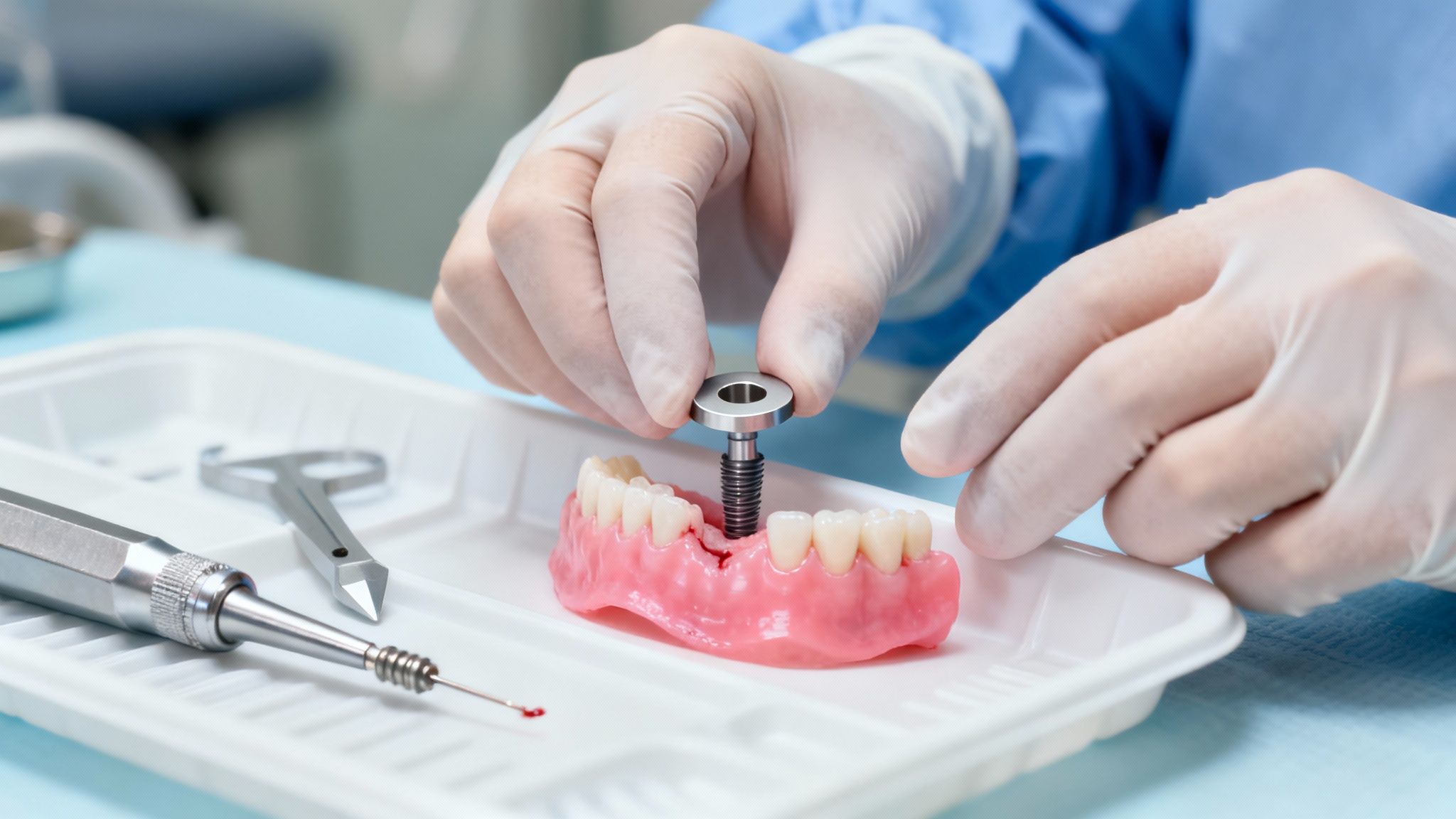 A dental professional in white gloves demonstrating how to install a dental implant into a jaw model with tools.