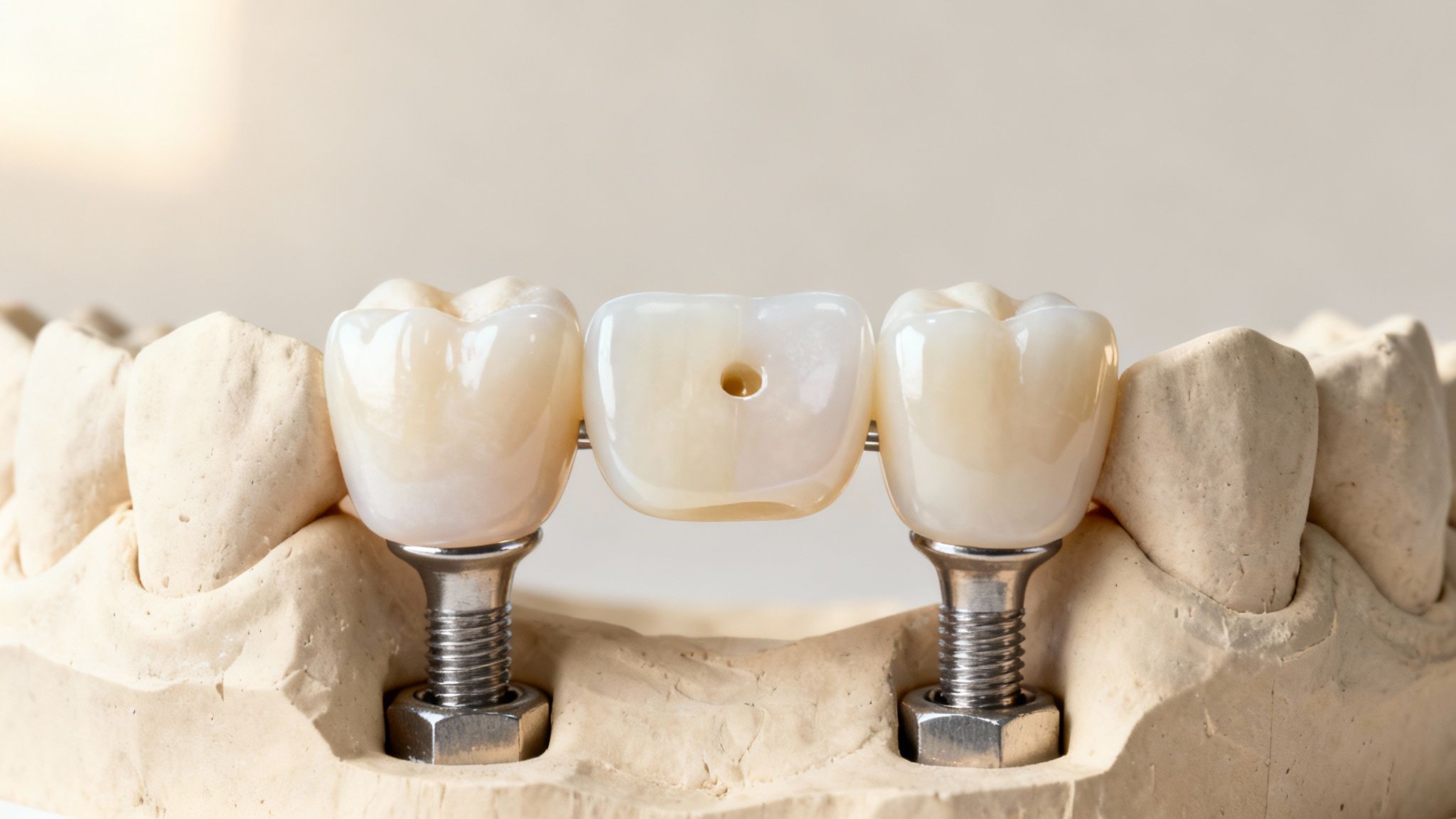 Close-up of a three-unit dental bridge on a plaster model with two crowns on implants.